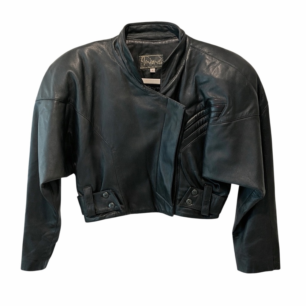 Vintage 70s Cropped Black Lamb Leather Moto Jacket Petite Small Soft Biker Chic - Picture 2 of 9